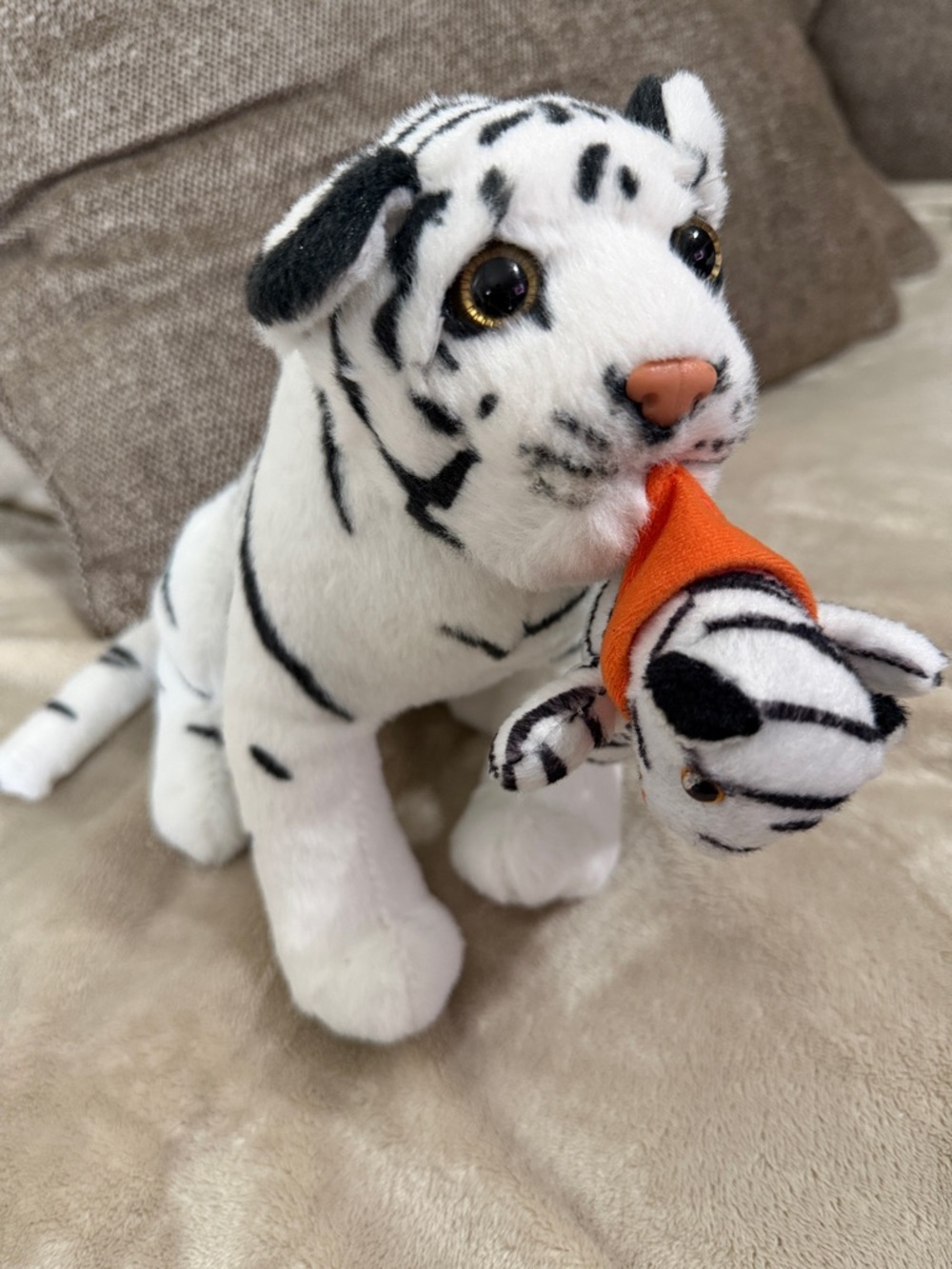 White and Black Striped Tiger Plush with Cub